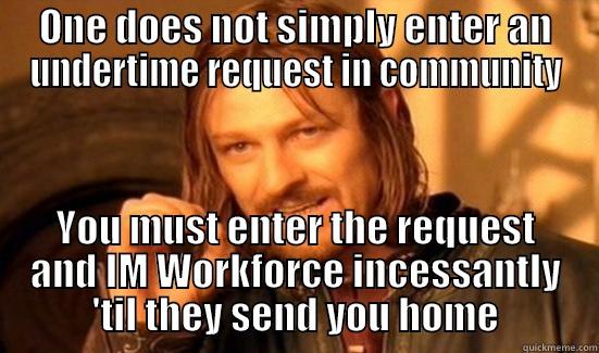 ONE DOES NOT SIMPLY ENTER AN UNDERTIME REQUEST IN COMMUNITY YOU MUST ENTER THE REQUEST AND IM WORKFORCE INCESSANTLY 'TIL THEY SEND YOU HOME Boromir