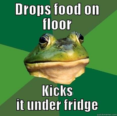 DROPS FOOD ON FLOOR KICKS IT UNDER FRIDGE Foul Bachelor Frog