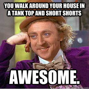 you walk around your house in a tank top and short shorts awesome.  Creepy Wonka