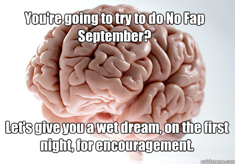 You're going to try to do No Fap September? Let's give you a wet dream, on the first night, for encouragement.  Scumbag Brain