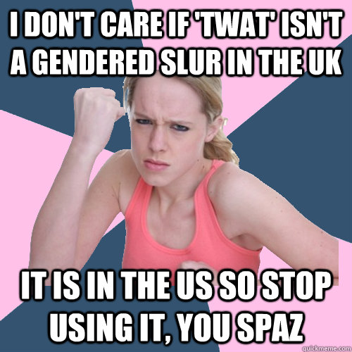 I don't care if 'twat' isn't a gendered slur in the UK It is in the US so stop using it, you spaz - I don't care if 'twat' isn't a gendered slur in the UK It is in the US so stop using it, you spaz  Social Justice Sally