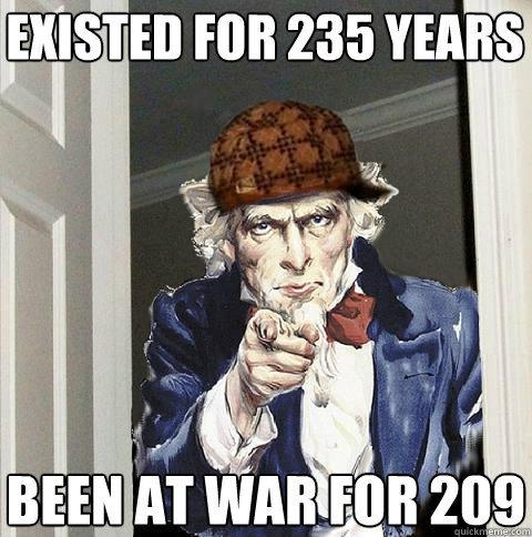 existed for 235 years been at war for 209  Scumbag Uncle Sam