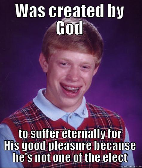 Disclaimer: This is not how God does things. Only the Calvinist's distortion of God.  - WAS CREATED BY GOD TO SUFFER ETERNALLY FOR HIS GOOD PLEASURE BECAUSE HE'S NOT ONE OF THE ELECT Bad Luck Brian