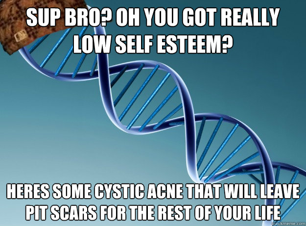 sup bro? oh you got really low self esteem? heres some cystic acne that will leave pit scars for the rest of your life  Scumbag Genetics