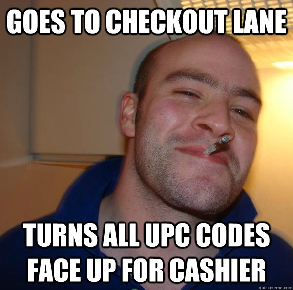 Goes to checkout lane turns all UPC codes face up for cashier - Goes to checkout lane turns all UPC codes face up for cashier  Misc