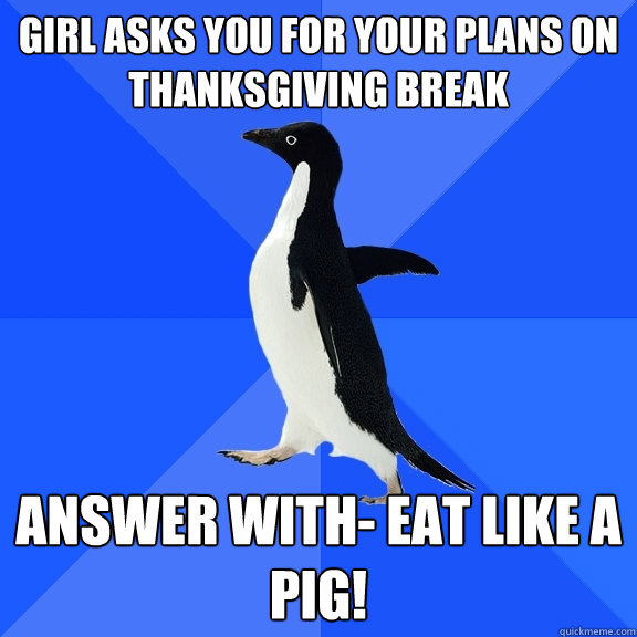 gIRL ASKS YOU FOR YOUR PLANS ON THANKSGIVING BREAK aNSWER WITH- EAT LIKE A PIG!  Socially Awkward Penguin