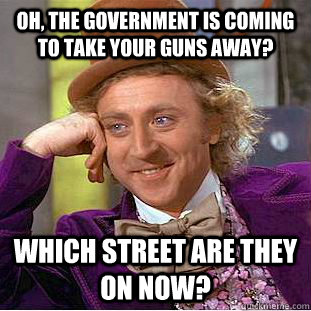 Oh, the government is coming to take your guns away? Which street are they on now? - Oh, the government is coming to take your guns away? Which street are they on now?  Condescending Wonka