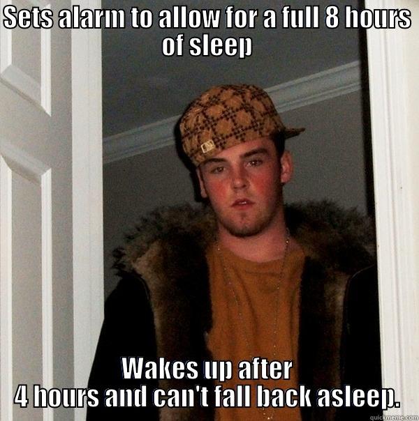 SETS ALARM TO ALLOW FOR A FULL 8 HOURS OF SLEEP WAKES UP AFTER 4 HOURS AND CAN'T FALL BACK ASLEEP. Scumbag Steve