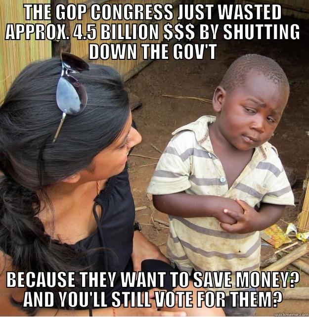 THE GOP CONGRESS JUST WASTED APPROX. 4.5 BILLION $$$ BY SHUTTING DOWN THE GOV'T BECAUSE THEY WANT TO SAVE MONEY? AND YOU'LL STILL VOTE FOR THEM? Skeptical Third World Kid