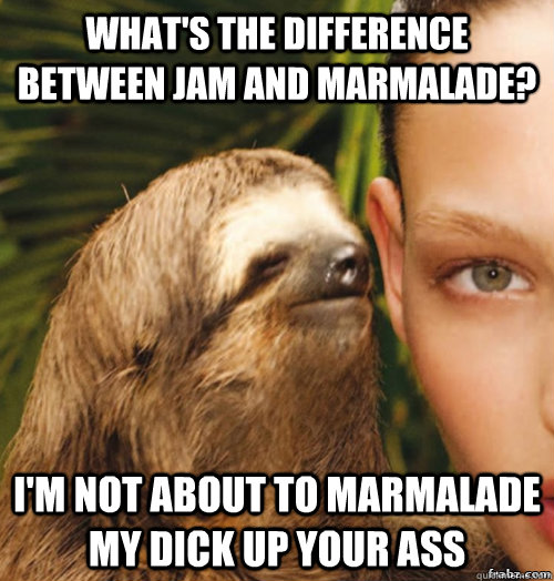 what's the difference between jam and Marmalade? I'm not about to Marmalade my dick up your ass  rape sloth