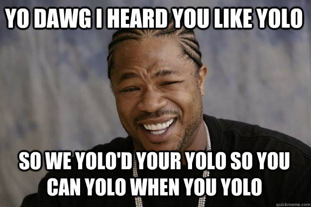 Yo dawg I heard you like YOLO so we YOLO'd YOUR YOLO SO YOU CAN YOLO WHEN YOU YOLO - Yo dawg I heard you like YOLO so we YOLO'd YOUR YOLO SO YOU CAN YOLO WHEN YOU YOLO  Xzibit meme