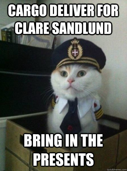 Cargo deliver for Clare Sandlund BRING IN THE PRESENTS  Captain kitteh