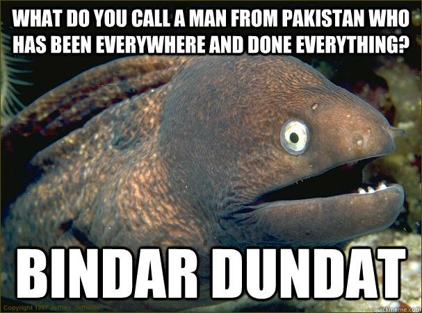 What do you call a man from Pakistan who has been everywhere and done everything? BINDAR DUNDAT  Bad Joke Eel