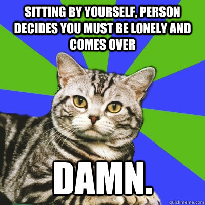 Sitting By Yourself, Person Decides You Must Be Lonely And Comes Over DAMN.  Introvert Cat