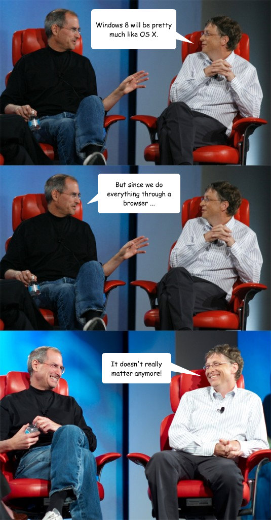 Windows 8 will be pretty much like OS X. But since we do everything through a browser ... It doesn't really matter anymore!  Steve Jobs vs Bill Gates