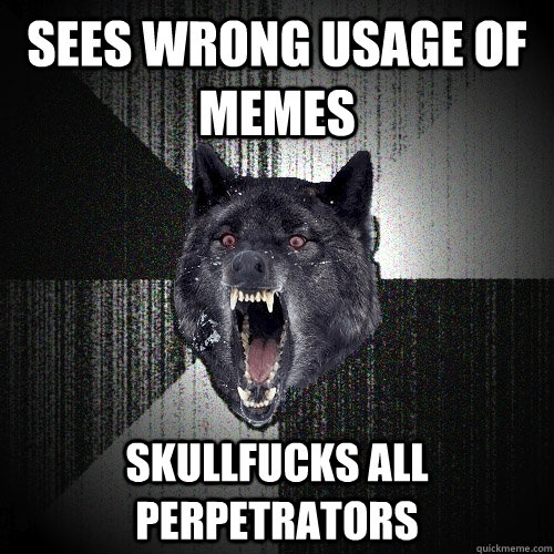 sees wrong usage of memes skullfucks all perpetrators  Insanity Wolf