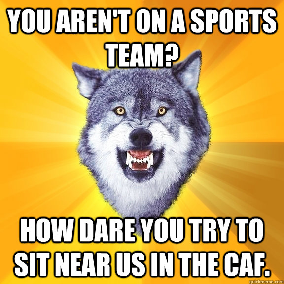 You aren't on a sports team? How dare you try to sit near us in the caf.  Courage Wolf