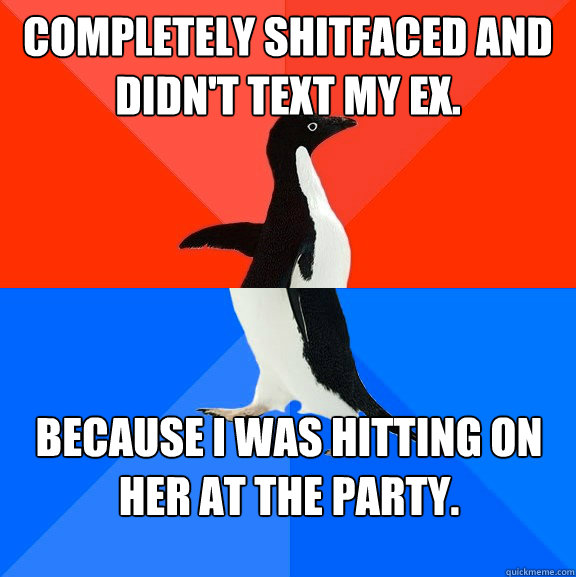 Completely Shitfaced and Didn't text my ex. Because i was hitting on her at the party. - Completely Shitfaced and Didn't text my ex. Because i was hitting on her at the party.  Misc