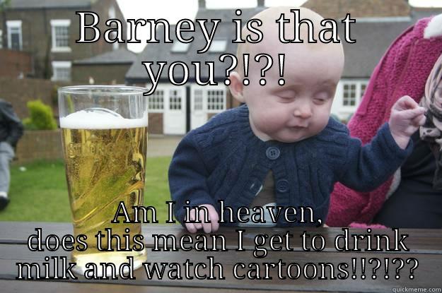 BARNEY IS THAT YOU?!?! AM I IN HEAVEN, DOES THIS MEAN I GET TO DRINK MILK AND WATCH CARTOONS!!?!?? drunk baby