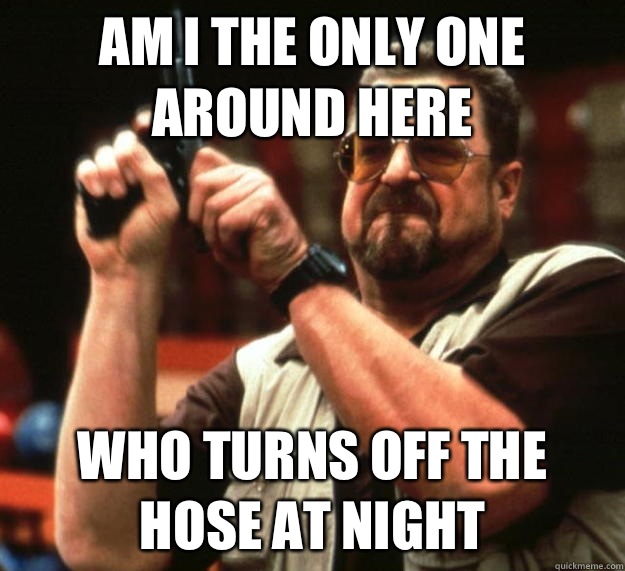 am I the only one around here Who turns off the hose at night  Angry Walter