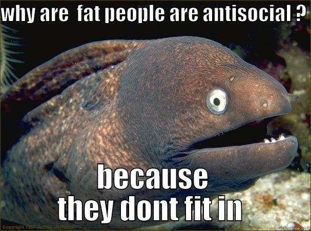 hahaha lol  - WHY ARE  FAT PEOPLE ARE ANTISOCIAL ?  BECAUSE THEY DONT FIT IN  Bad Joke Eel