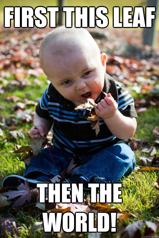 First this leaf Then the world!  Evil Plotting Baby