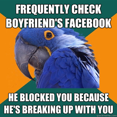 frequently check boyfriend's facebook he blocked you because he's breaking up with you  Paranoid Parrot