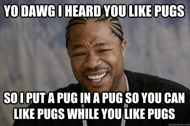 yo dawg i heard you like pugs so i put a pug in a pug so you can like pugs while you like pugs - yo dawg i heard you like pugs so i put a pug in a pug so you can like pugs while you like pugs  Xzibit meme