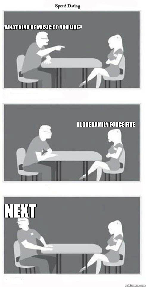 What kind of music do you like? I love Family Force Five NEXT  Speed Dating