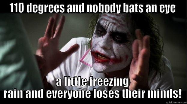 110 DEGREES AND NOBODY BATS AN EYE A LITTLE FREEZING RAIN AND EVERYONE LOSES THEIR MINDS! Joker Mind Loss