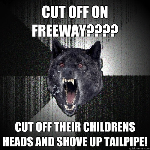 cut off on freeway???? cut off their childrens heads and shove up tailpipe!  Insanity Wolf
