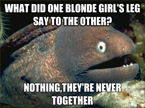 What did one blonde girl's leg say to the other? Nothing,they're never together  - What did one blonde girl's leg say to the other? Nothing,they're never together   Bad Joke Eel