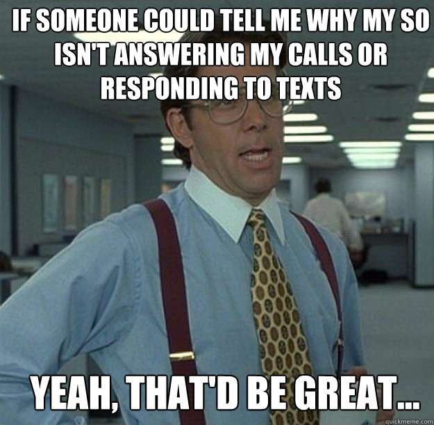 IF SOMEONE COULD TELL ME WHY MY SO ISN'T ANSWERING MY CALLS OR RESPONDING TO TEXTS YEAH, THAT'D BE GREAT... - IF SOMEONE COULD TELL ME WHY MY SO ISN'T ANSWERING MY CALLS OR RESPONDING TO TEXTS YEAH, THAT'D BE GREAT...  thatd be great