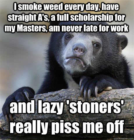 I smoke weed every day, have straight A's, a full scholarship for my Masters, am never late for work and lazy 'stoners' really piss me off  Confession Bear