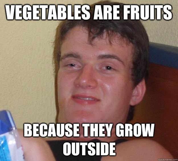 Vegetables are fruits because they grow outside  10 Guy