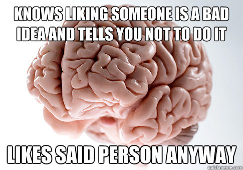 Knows liking someone is a bad idea and tells you not to do it Likes said person anyway  Scumbag Brain