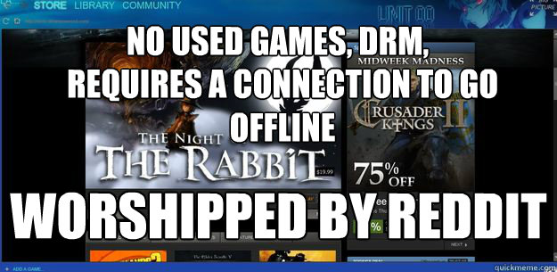 No used Games, DRM,  Worshipped by reddit Requires a connection to go offline - No used Games, DRM,  Worshipped by reddit Requires a connection to go offline  Misc