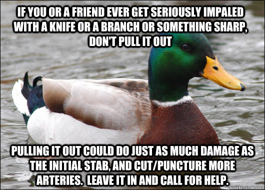 IF YOU OR A FRIEND EVER GET SERIOUSLY IMPALED WITH A KNIFE OR A BRANCH OR SOMETHING SHARP, DON'T PULL IT OUT PULLING IT OUT COULD DO JUST AS MUCH DAMAGE AS THE INITIAL STAB, AND CUT/PUNCTURE MORE ARTERIES.  LEAVE IT IN AND CALL FOR HELP. - IF YOU OR A FRIEND EVER GET SERIOUSLY IMPALED WITH A KNIFE OR A BRANCH OR SOMETHING SHARP, DON'T PULL IT OUT PULLING IT OUT COULD DO JUST AS MUCH DAMAGE AS THE INITIAL STAB, AND CUT/PUNCTURE MORE ARTERIES.  LEAVE IT IN AND CALL FOR HELP.  Actual Advice Mallard