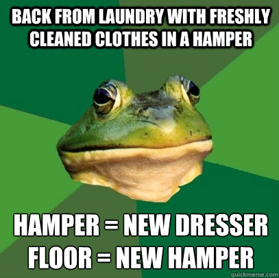 back from laundry with freshly cleaned clothes in a hamper Hamper = new dresser
Floor = new hamper  Foul Bachelor Frog