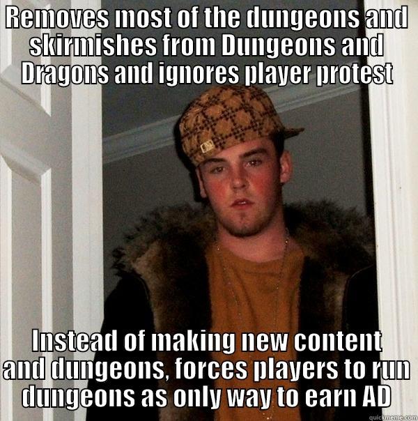 REMOVES MOST OF THE DUNGEONS AND SKIRMISHES FROM DUNGEONS AND DRAGONS AND IGNORES PLAYER PROTEST INSTEAD OF MAKING NEW CONTENT AND DUNGEONS, FORCES PLAYERS TO RUN DUNGEONS AS ONLY WAY TO EARN AD Scumbag Steve