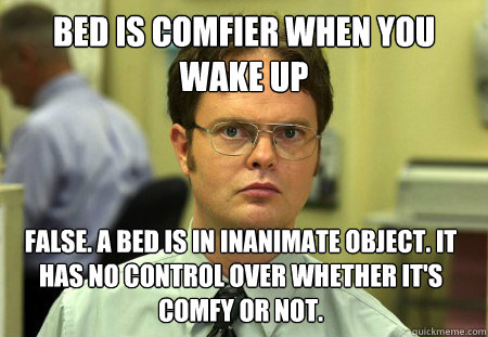 bed is comfier when you wake up False. A bed is in inanimate object. it has no control over whether it's comfy or not.  Dwight