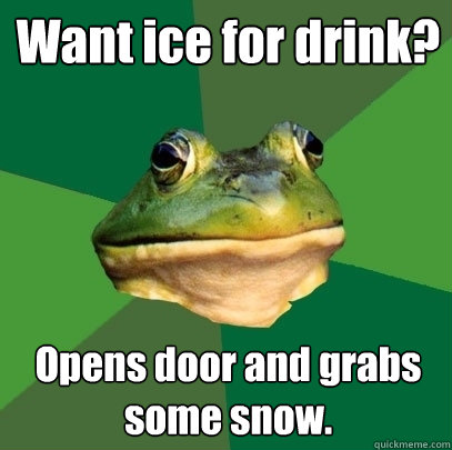 Want ice for drink? Opens door and grabs some snow.  Foul Bachelor Frog