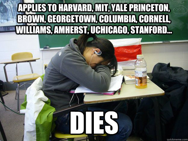 applies to harvard, MIT, Yale Princeton, Brown, Georgetown, Columbia, Cornell, Williams, Amherst, UCHicago, Stanford... Dies   