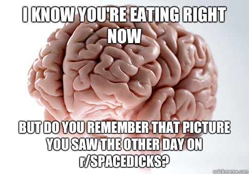 I KNOW YOU'RE EATING RIGHT NOW BUT DO YOU REMEMBER THAT PICTURE YOU SAW THE OTHER DAY ON r/SPACEDICKS?   Scumbag Brain