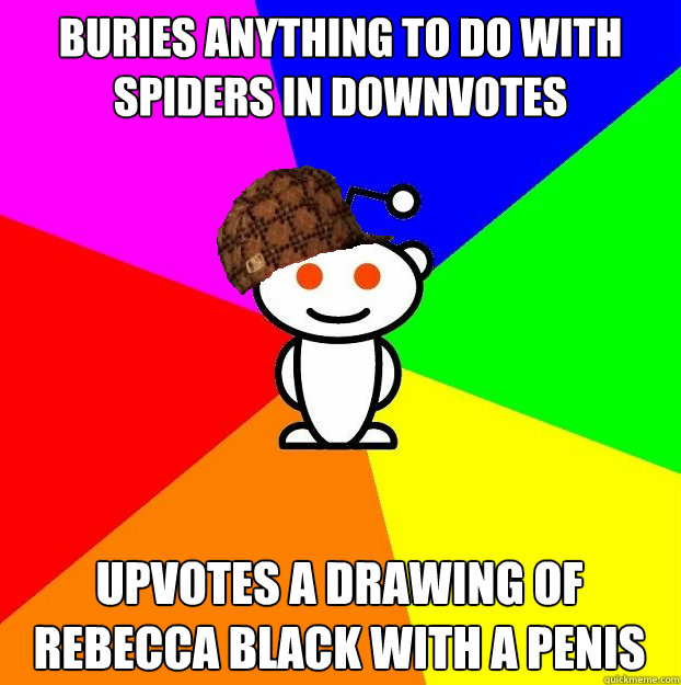 Buries anything to do with spiders in downvotes Upvotes a drawing of Rebecca Black with a penis  Scumbag Redditor