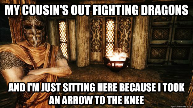 MY COUSIN'S OUT FIGHTING DRAGONS AND I'M JUST SITTING HERE BECAUSE I TOOK AN ARROW TO THE KNEE  Misunderstood Skyrim Guard