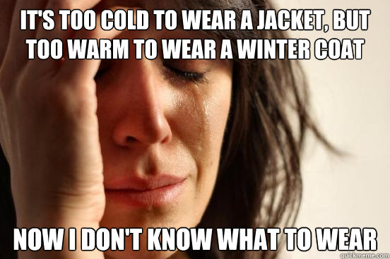 It's too cold to wear a jacket, but too warm to wear a winter coat Now I don't know what to wear - It's too cold to wear a jacket, but too warm to wear a winter coat Now I don't know what to wear  First World Problems