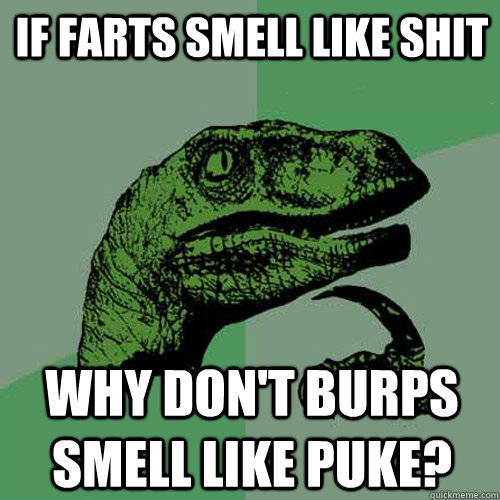 If farts smell like shit why don't burps smell like puke? - If farts smell like shit why don't burps smell like puke?  Philosoraptor