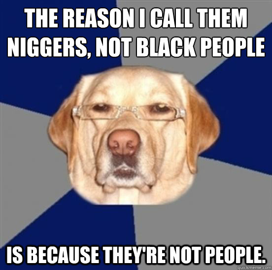 The reason I call them 
niggers, not black people Is because they're not people.  Racist Dog