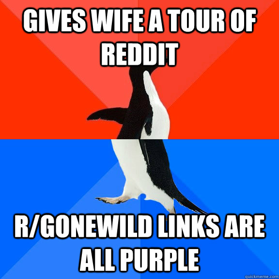 Gives wife a tour of reddit R/gonewild links are all purple  Socially Awesome Awkward Penguin